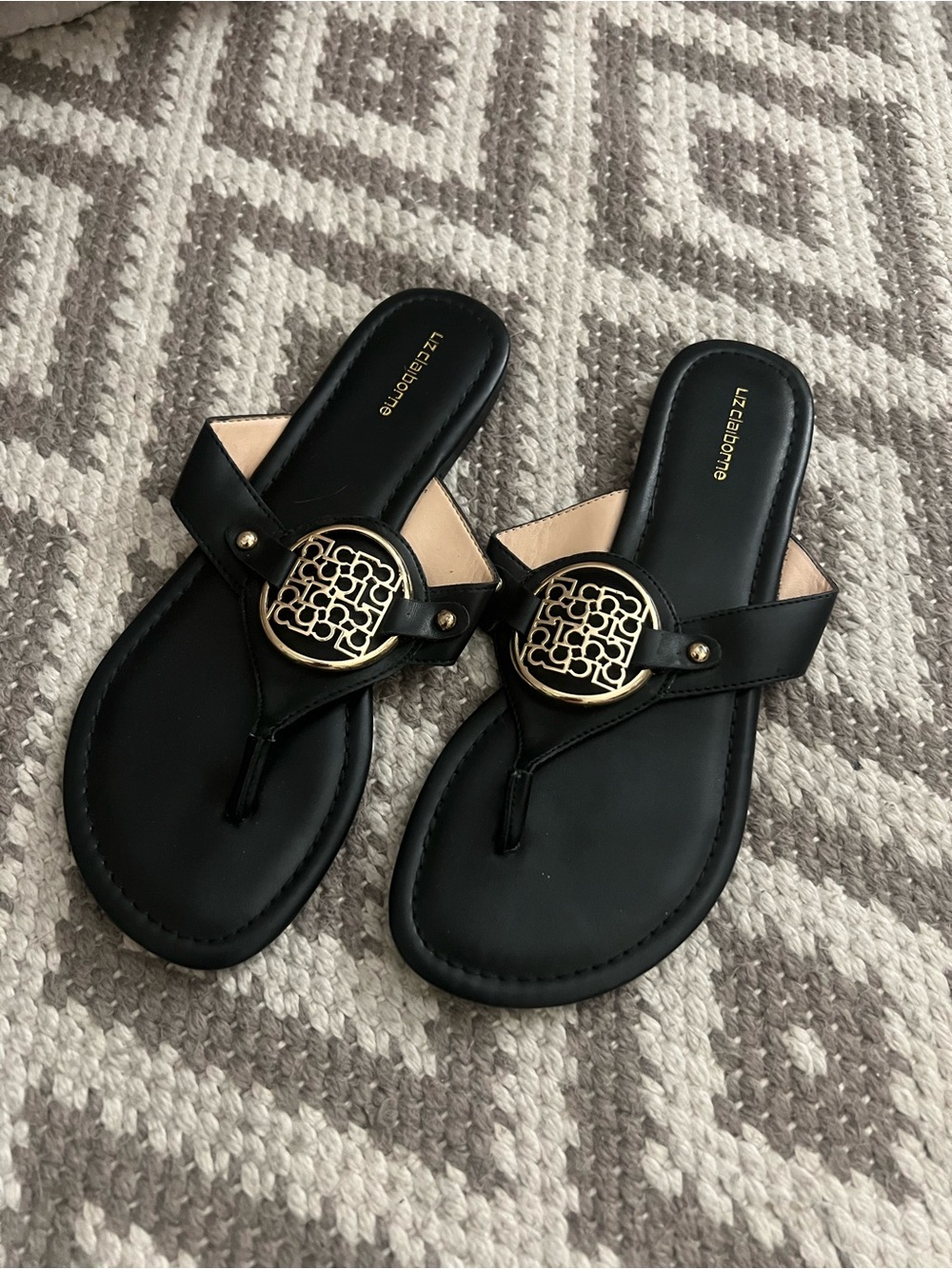 Black Faux Leather Thong Sandals with Gold Medallion